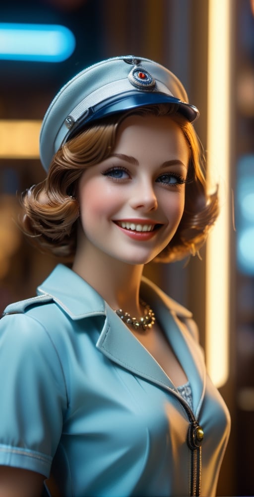 Beautiful figma figure, retro scifi, 60s fashion, detailed background, insanely detailed, background light, diorama, natural smile, stylised, by William orpen, 4k, 70mm, detailed, photorealism, spot lighting, 85mm, oversaturated filter, dramatic, clean colours, clean lines
