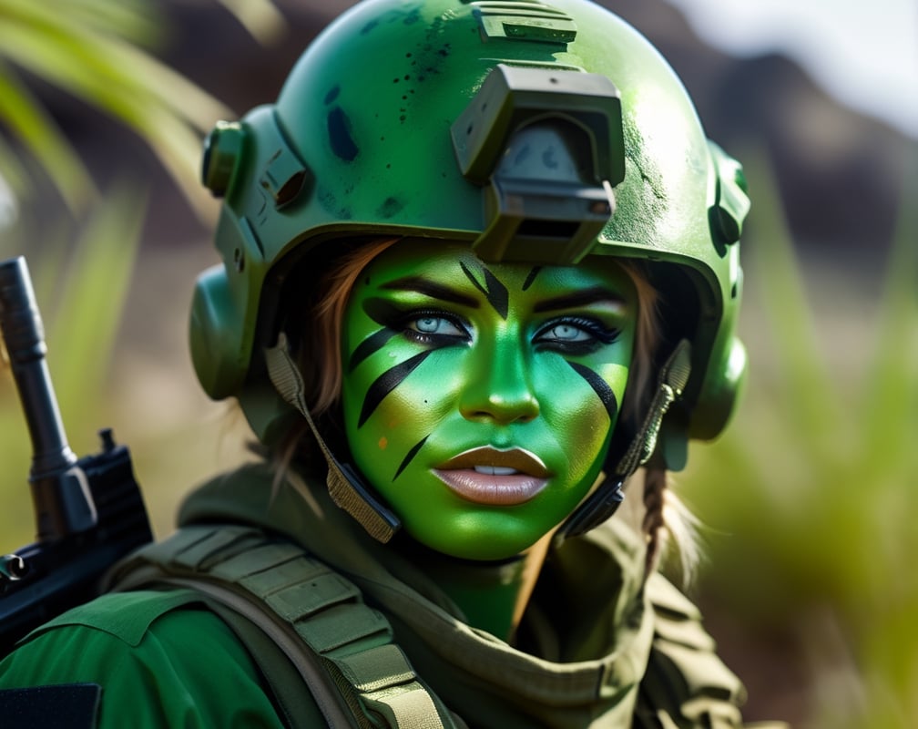 close up, Petty officer war girl wearing green war paint with weapon drawn, moving through the bush in an alien planet. High resolution close up