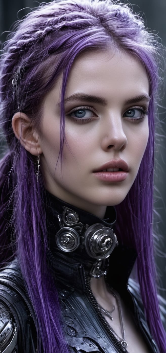 By HR Giger and Luis Royo and Victoria Frances and "ghost in the shell" and "altered carbon", The image is a close-up portrait of a Spanish teenage cyborg with long purple hair and piercing eyes. The cyborg has an anthropomorphic humanoid appearance with immaculate clean pale smooth skin. They are depicted at an underground industrial party, wearing a crop top. The overall aesthetic is a combination of grungy gothic and cyberpunk, with elements of dark neon punk, bubble goth, and mall goth. The style of the image is hyperrealistic and extremely detailed, resembling a cinematic photograph. It showcases intricate details of the cyborg's face and body, emphasizing their slender symmetrical physique and straight fringe. The image captures a techno-mystic atmosphere with a touch of android mysticism, incorporating terminator tech