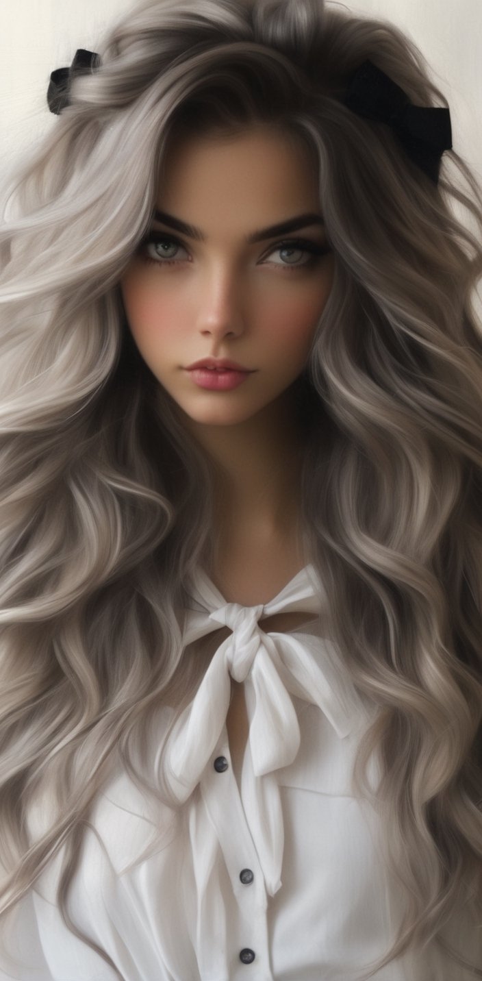 1girl, solo, long hair, looking at viewer, shirt, bow, jewelry, white shirt, (((upper full body))), whitelile hair, hair bow, lips, grey eyes, wavy lile hair, realistic
