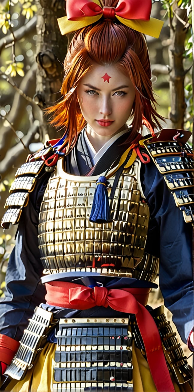 1girl,dressed in samurai-style armor, She wears traditional Japanese armor reminiscent of a samurai,Blue coat, yellow hakama ,The design blends elegance with strength, portraying her as a warrior princess,(Large red head ribbon), Adorning her head is with a faintly red ribbon tied, shining brightly, warrior samurai, score_9