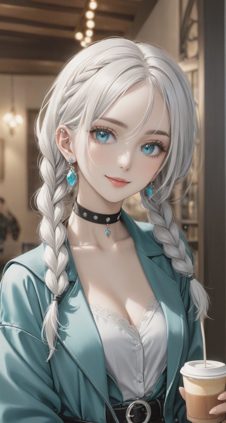 Generate hyper realistic image of a woman with long white hair, twin braids cascading down her shoulders. She gazes at the viewer with aqua eyes, a gentle smile gracing her lips. She wears a jacket and belt, her upper body slightly blurry against the indoor background. Adorned with earrings and a choker, she holds a cup, her head tilted inquisitively. Subtle black makeup and an ear piercing add to her unique charm.
