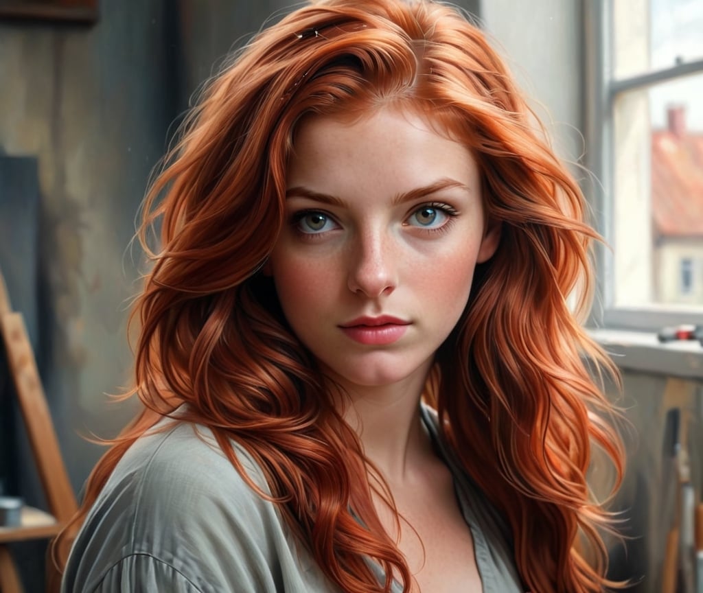 a red haired girl with long red hair, a photorealistic painting by Mandy Jurgens, featured on cgsociety, photorealism, detailed painting, artstation hd, photorealistic