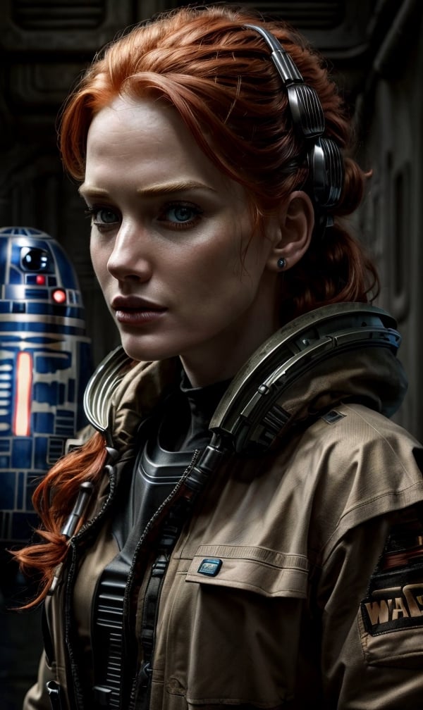 (Best Quality, hyper-realistic), photograph, (rugged ginger female) in her 30s, wearing (scifi star wars outfit), nature, moody, dark, diffused lighting, (explorer hacker), beautiful shadows, detailed, detailed background
