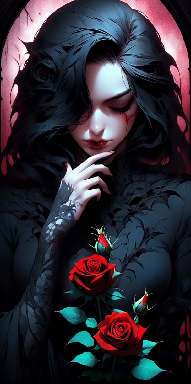 (masterpiece, best quality, absurdres), 1girl, solo, portrait, facing viewer, ((head tilt forward, looking down)), (detailed face), closed eyes, long black eyelashes, holding a (beautiful bloodred thorny rose:1.2) in her hands folded to a prayer, smells the rose scent, rose_thorns cut into skin, blood flows, gothic, morbid, (limited palette:0.8), bloodstainai, graphic background, , , more prism, vibrant color, insanevoid, glowing eyes, extra eyes, horror \(theme\) ,glitter,Decora_SWstyle