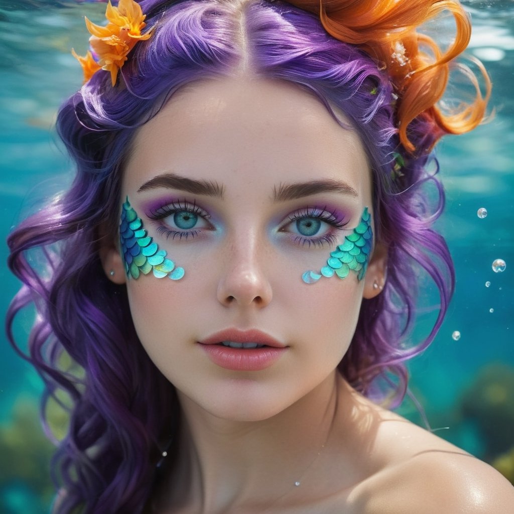 Frontal portrait of a whimsical and colorful woman resembling a mermaid or siren. Fair complexion, youthful features, wide open eyes, and delicate freckles on nose and cheeks. Vibrant, gravity-defying hair in shades of purple, blue, orange, and teal. Hair transitions into tendrils or aquatic flora, creating an underwater illusion. Small bubbles floating around the head add to the underwater theme. Attire or visible body part resembles teal and green fish scales with vibrant colors. Overall effect: Serene and otherworldly underwater creature in quiet contemplation.