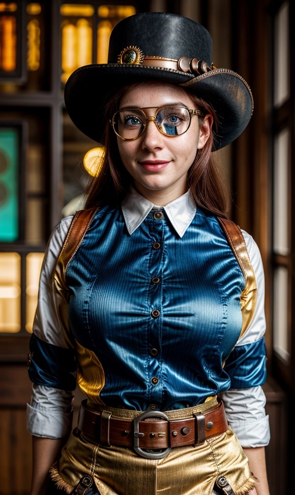 ((woman)), masterpiece, best quality, highres, illustration, ray tracing, vibrant colors, art style, (steampunk:1.1), gold, bronze, metallic, (background focus:0.8), sunset, cowboy shot, steam, gears, 1woman, detailed face, blue eyes, white hair, black headwear, (goggles on headwear), hat feather, fingerless gloves, blue shirt, striped, shirt_tucked_in, long sleeves, brown skirt, skirt, black thigh-highs, garter straps, watch, pocket watch, belt, (medium breasts), smile,
