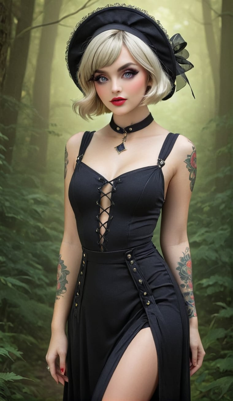  extraordinarily beautiful, babe, platinum blonde, modern girl with tattoos dressing vintage, 1920s style clothing , imaginatively 20's stylized dress, super hat, bonnet, magical, alluring, sultry, full-length, female-body, hazel-eyes, eye catching, bright, OverallDetail, Magical beautiful background fantasy, perfect face and eyes, hyper-detailed hypermaximalist dynamic style drab