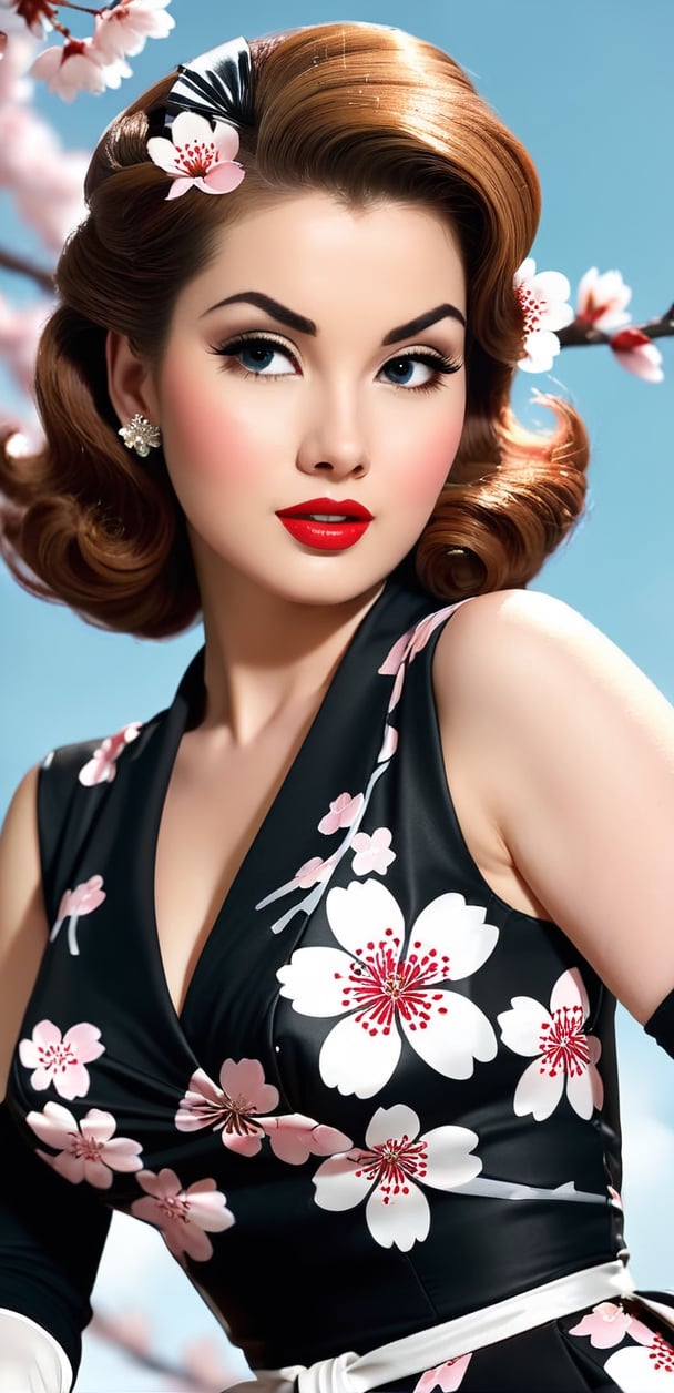 a  woman (((cherry blossom))) in a  1960  black and white   dress, with lage gloves  , retro , girl pinup, image,  pinup style, hd illustration, 1950s pin up style, style, pin up girl, color illustration, digitally colored,detailmaster2