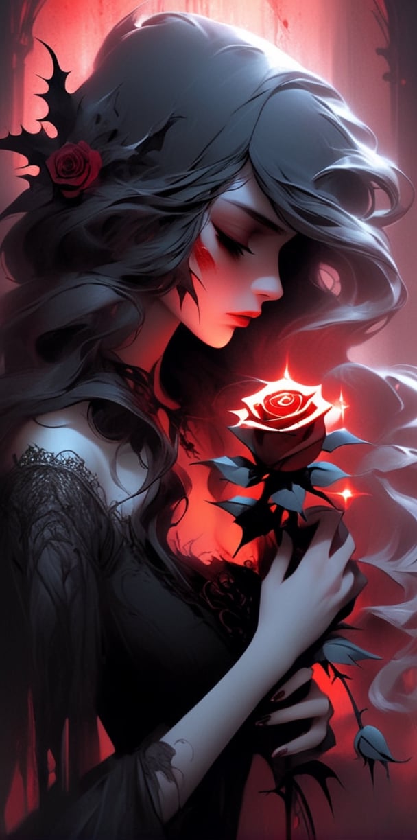 (masterpiece, best quality, absurdres), 1girl, solo, portrait, facing viewer, ((head tilt forward, looking down)), (detailed face), closed eyes, long black eyelashes, holding a (beautiful bloodred thorny rose:1.2) in her hands folded to a prayer, smells the rose scent, rose_thorns cut into skin, blood flows, gothic, morbid, (limited palette:0.8), bloodstainai, graphic background, , , more prism, vibrant color, insanevoid, glowing eyes, extra eyes, horror \(theme\) ,glitter,Decora_SWstyle