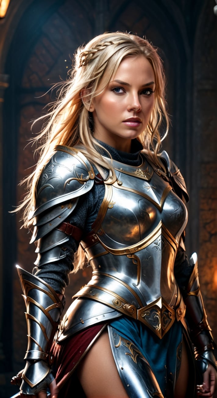 Hyper realistic image of victorious knight warrior woman, full body portrait, extremely detailed, cinematic background, cinematic lighting