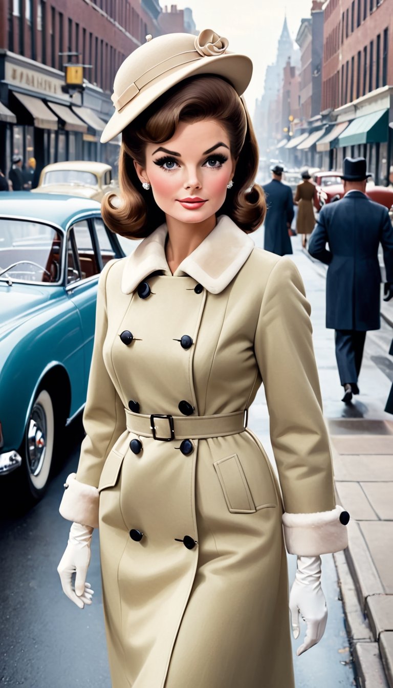 A detailed 60's era image of a perfect medium-busted woman wearing a stylish Jackie Kennedy-inspired pillbox hat, gloves and an A-line coat, walking down a bustling city street with classic cars and antique shop windows, Taken with a mirrorless camera using a standard lens.