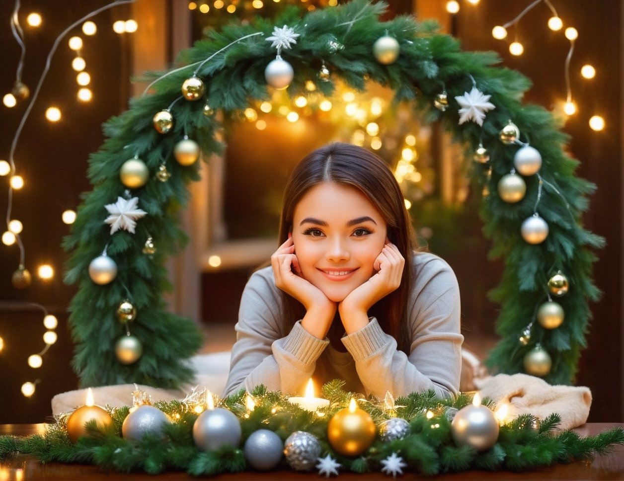 Christmas scene with a girl sitting among green and silver decorations, twinkling lights entwined through pine branches, gleaming candles casting a warm glow over the glossy leaves and reflective baubles, holiday cheer encapsulated in the arrangement, soft-focus background with bokeh effect from distant Christmas lights, ultra-fine, digital painting, golden ratio composition.
,aw0k euphoric style,Christmas 1girl