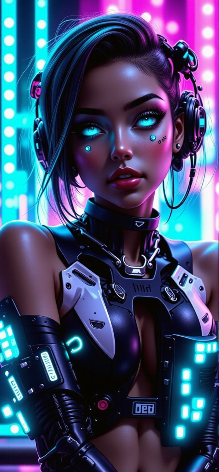 (Female Protogen),cyber punk,mechanical,Glowing Eyes,Metal surface,Digital display,advanced technology,Futuristic,Neon Light,electromagnetic field,Sharp Edges,Streamlined Design,Digital Creatures,biomechanical,Mysterious atmosphere,Glass visor,Enhanced Senses,Cheerful pose,Invisible Circuits,Holographic Projection,Colorful wires,Female Cyborg,FLUXCyberpunknime,REALNIME, QTGIRLREAL