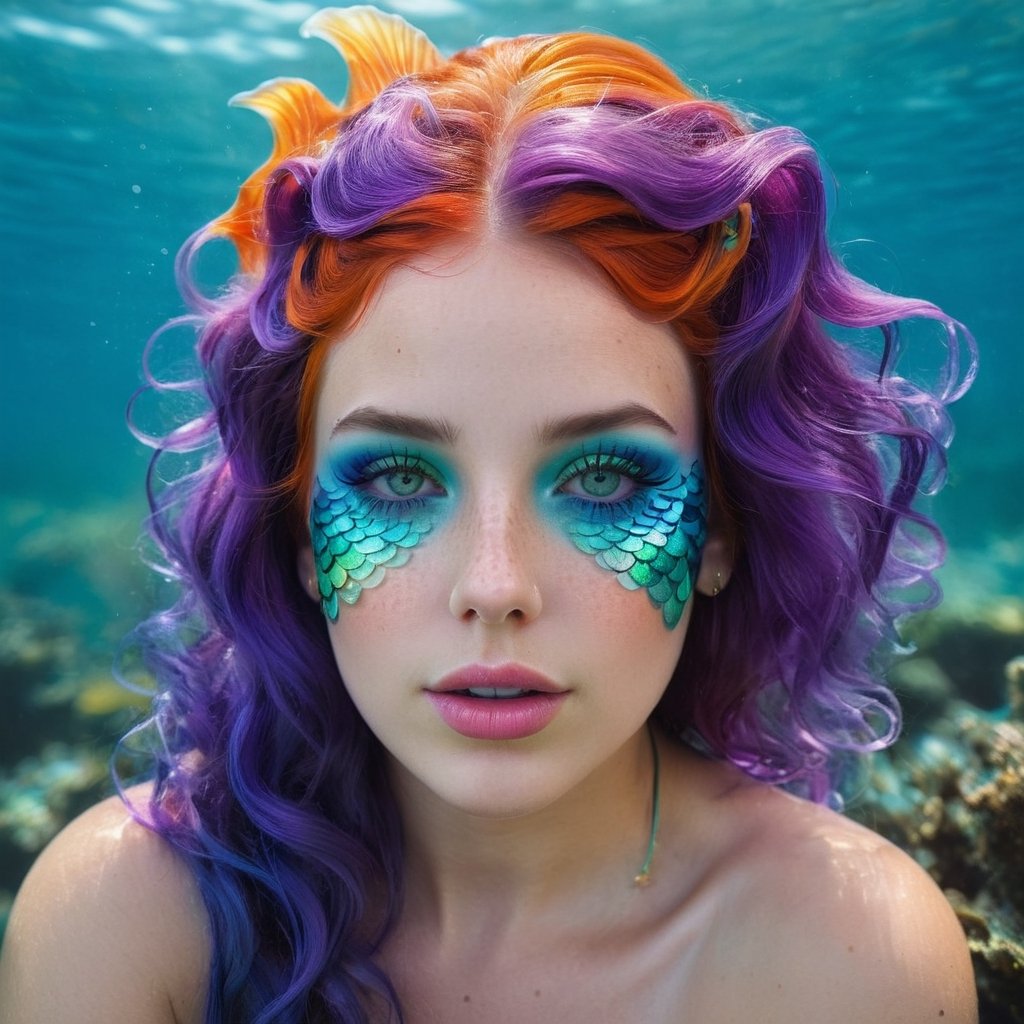 Frontal portrait of a whimsical and colorful woman resembling a mermaid or siren. Fair complexion, youthful features, wide open eyes, and delicate freckles on nose and cheeks. Vibrant, gravity-defying hair in shades of purple, blue, orange, and teal. Hair transitions into tendrils or aquatic flora, creating an underwater illusion. Small bubbles floating around the head add to the underwater theme. Attire or visible body part resembles teal and green fish scales with vibrant colors. Overall effect: Serene and otherworldly underwater creature in quiet contemplation.