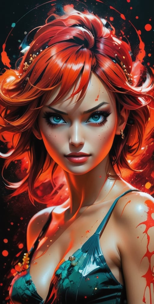 Ultra realistic poster featuring Nami from One Piece enveloped by a red matrix backdrop, inspired by the artistic styles of Daniel Castan, Carne Griffiths, Andreas Lie, Russ Mills, and Leonid Afremov, set against a dark background, infused with a cinematic quality, high detail, digital painting.