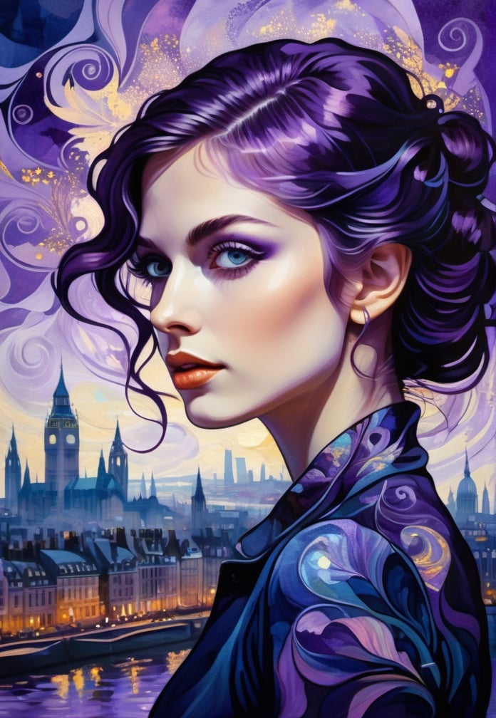 Art nouveau swirls. Silhouette of a young woman, double exposure with a cityscape . Van Gogh's style, purple. London. Iridescent. whimsical intricate patterns with high contrast, surreal digital painting, midnight blue. Purple. Mysterious. Open eyes.