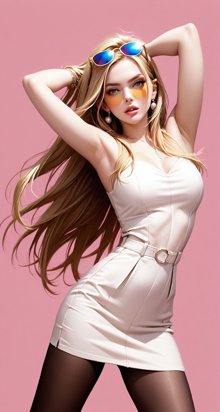 1girl, solo, long hair, blonde hair, dress, pantyhose, armpits, pink background, sunglasses, eyewear on head, realistic, fashion