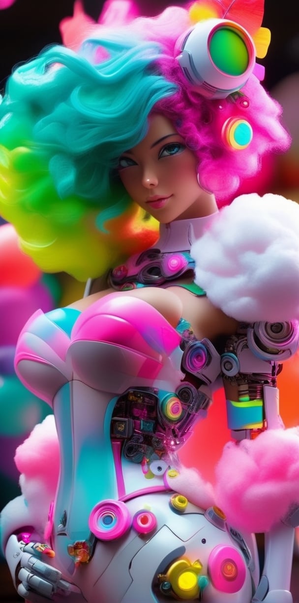 Capture a full body figurine design photograph featuring a vibrant and lively Cyborg Cotton Candy character with a mix of colorful mechanical and confectionery elements. Design her with neon-colored robotic limbs, candy-inspired accessories, and cotton candy hair in a variety of vibrant shades, sexy body big breast,Canon EOS R5, Canon RF 50mm f/1.2L USM