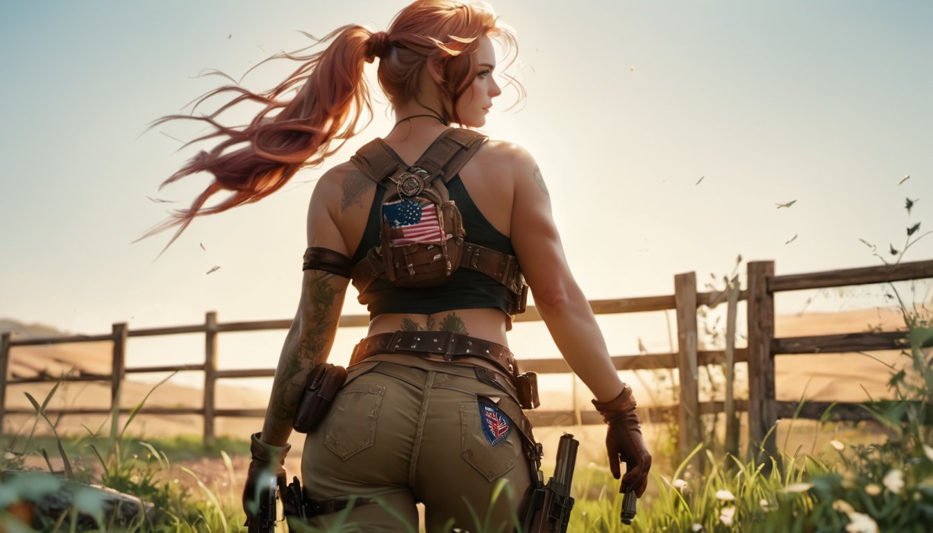 score_9, score_8_up, score_7_up, score_6_up, score_5_up  1girl, solo, long hair, brown hair, gloves, ponytail, weapon, outdoors, belt, from behind, gun, grass, handgun, fence, holster, american flag, united states