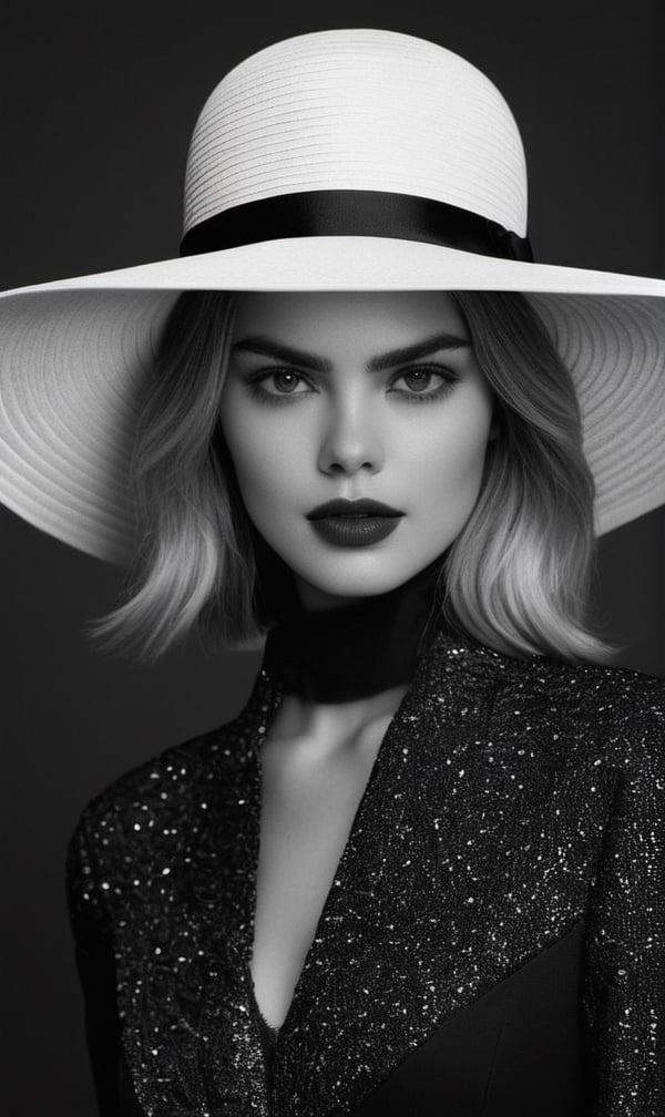 a black and white photo of a woman wearing a hat, a black and white photo, by Hedi Xandt, featured on cg society, gothic art, samara weaving vampire, clothes made out of flower, infp young woman, faint smile dark lipstick, in the glamour style, editorial image, young middle eastern woman, yael shelbia, dating app icon
