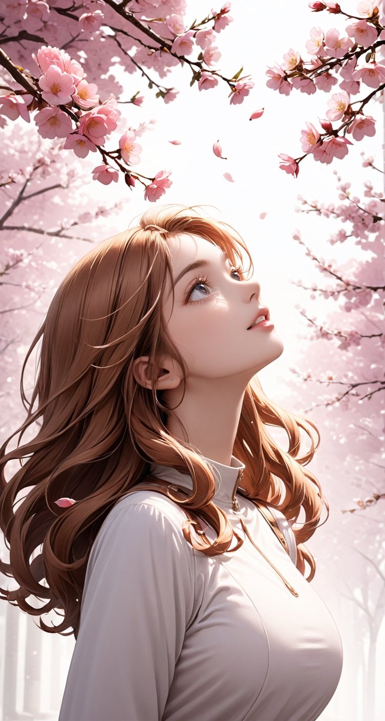 Woman with rose gold hair in tight ringlets, side view, looking up at falling cherry blossoms, a serene expression.