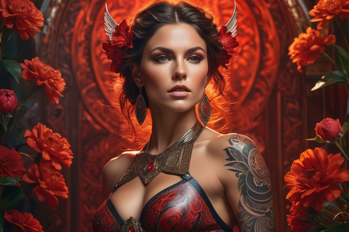 "beautiful muscular warrior Queen ready for sexual conquest \". Minimal Clothing. hyperdetailed tribal tattoos Maximalist portrait , Maximalist flower Background by Mucha, hyperdetailed incredible composition, amazing depth, imposing, meticulously composed, 16k resolution \"Hyperrealistic, splash art , concept art , mid shot, intricately detailed, color depth, dramatic, 2/3 face angle, side light, subdued background. \"Epic cinematic hyper-realistic brilliant stunning intricate meticulously detailed dramatic Red atmospheric maximalist digital matte painting, Photographed by Holly Randell. full- body detailed portrait of a young beautiful woman :: minimal clothing :: without clothing
