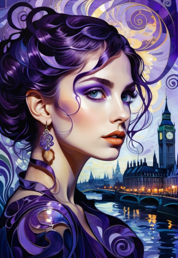 Art nouveau swirls. Silhouette of a young woman, double exposure with a cityscape . Van Gogh's style, purple. London. Iridescent. whimsical intricate patterns with high contrast, surreal digital painting, midnight blue. Purple. Mysterious. Open eyes.