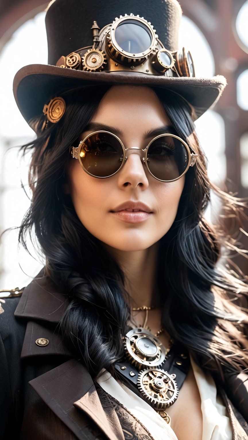 close up, beautiful woman in the hat and round steel gear, long black hair, round black sunglasses, steampunk clothing, victorian era, ((steampunk)), cinematography, crafted, elegant, meticulous, magnificent, maximum details, extremely hyper aesthetic, intricately detailed, cinematic lighting. 