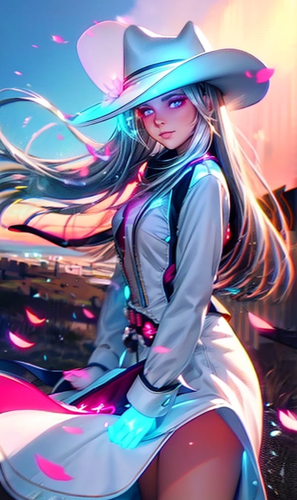 1 girl, scenery, vibrant colors, sharp focus, best quality, depth of field, cinematic lighting, flying petals in the wind, (silver eyes), silver hair, extremely long hair, slight blush, slight smile, (glowing:1.5), cowgirl outfit, cowboy hat, barn,

