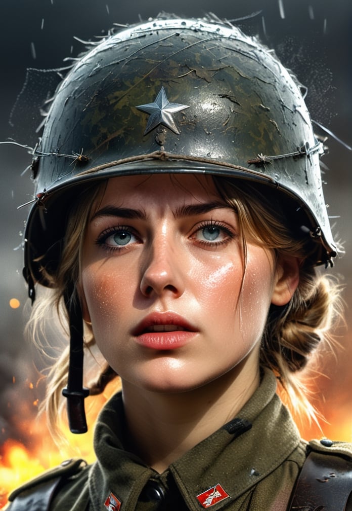 German woman Soldier, World War one, closeup, tired face, tired, exhausted, raining, battlefield, explosions, bullets flying, airplanes bombarding, airplanes, barbed wire, ultra realistic, 4k, intricate details, highly detailed, photoreal), Neon Digital Art, Minimalist Style, Movie Grain, Bloom,more detail XL,Real