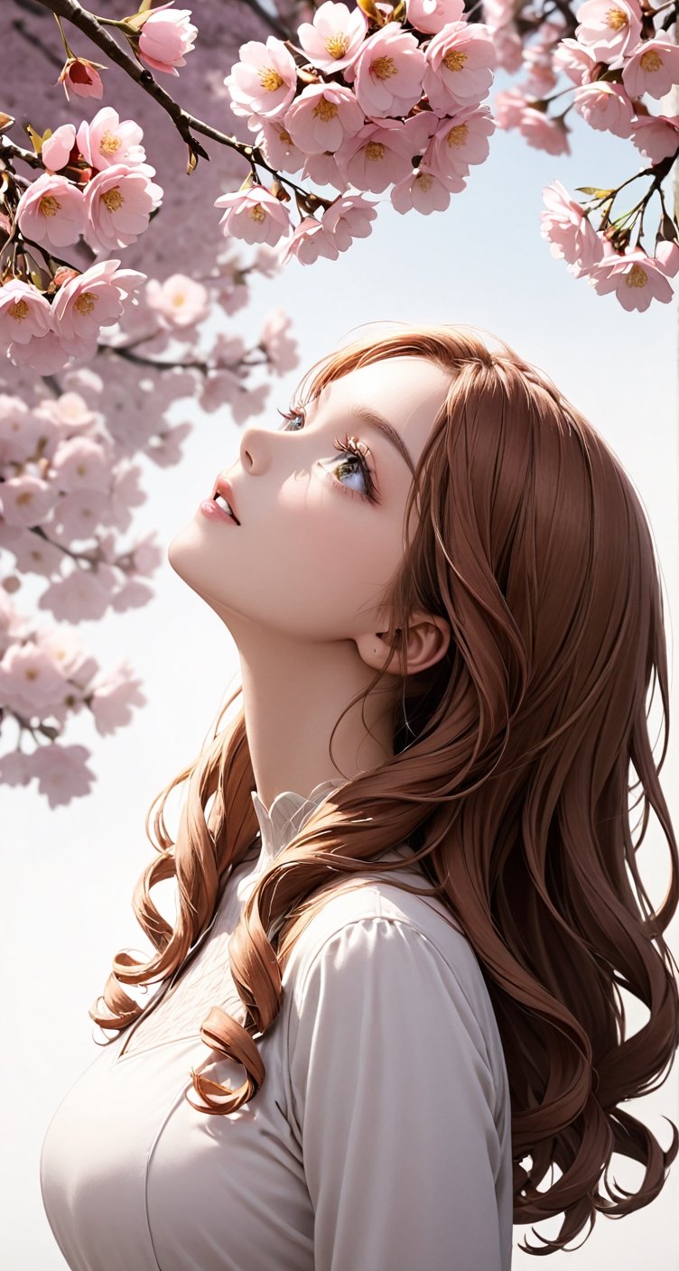 Woman with rose gold hair in tight ringlets, side view, looking up at falling cherry blossoms, a serene expression.