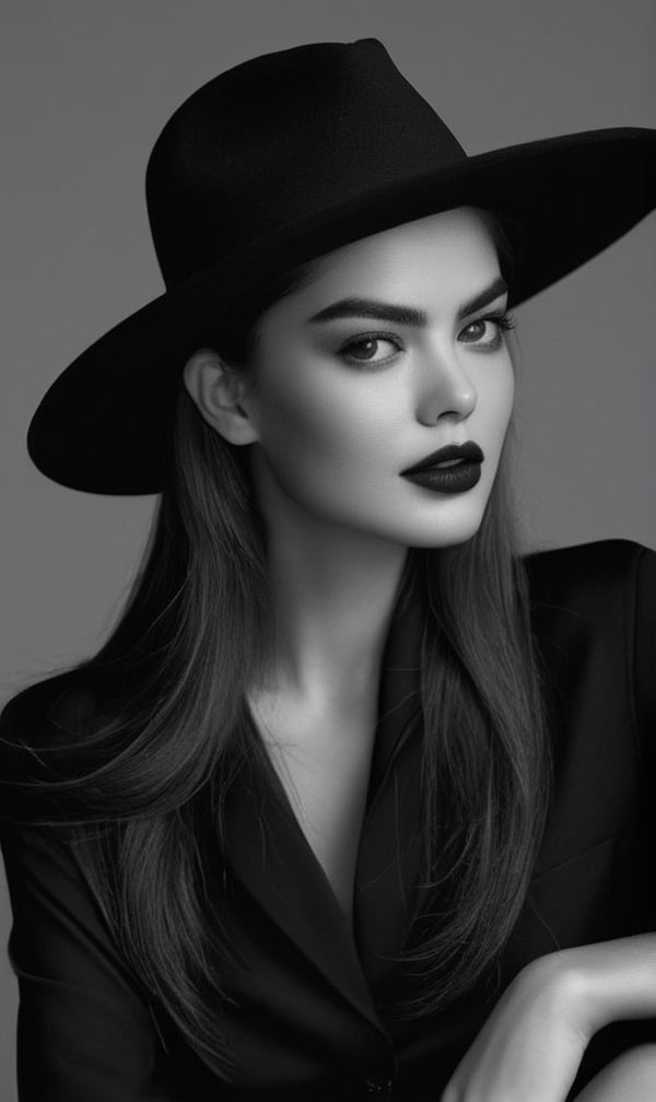 a black and white photo of a woman wearing a hat, a black and white photo, by Hedi Xandt, featured on cg society, gothic art, samara weaving vampire, clothes made out of flower, infp young woman, faint smile dark lipstick, in the glamour style, editorial image, young middle eastern woman, yael shelbia, dating app icon
