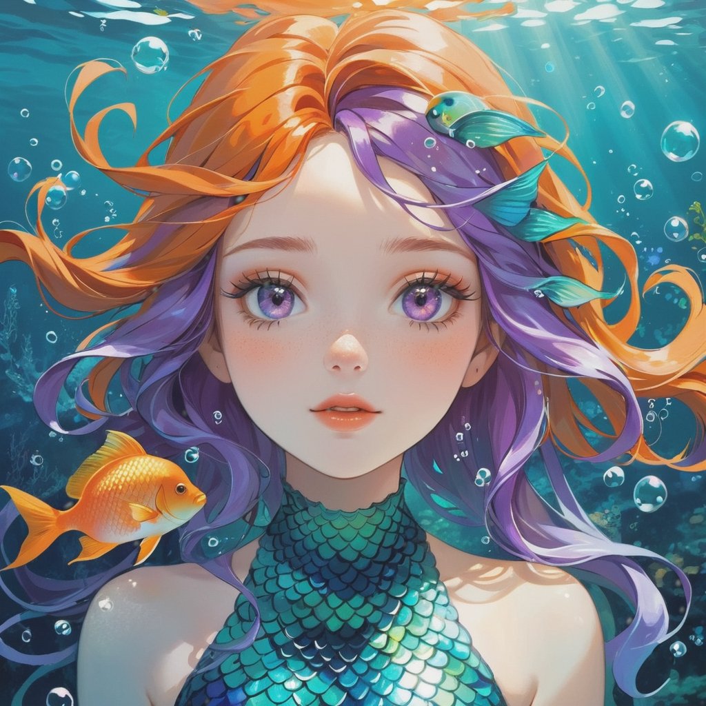 Frontal portrait of a whimsical and colorful woman resembling a mermaid or siren. Fair complexion, youthful features, wide open eyes, and delicate freckles on nose and cheeks. Vibrant, gravity-defying hair in shades of purple, blue, orange, and teal. Hair transitions into tendrils or aquatic flora, creating an underwater illusion. Small bubbles floating around the head add to the underwater theme. Attire or visible body part resembles teal and green fish scales with vibrant colors. Overall effect: Serene and otherworldly underwater creature in quiet contemplation.