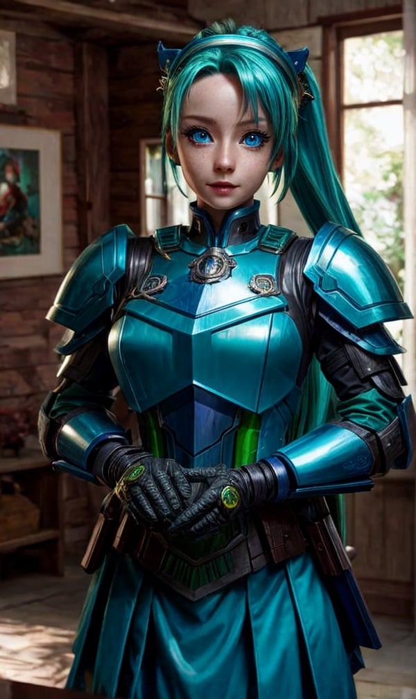 vibrant colors, woman, medium breast, masterpiece, sharp focus, best quality, depth of field, cinematic lighting, blue eyes, green hair, hair between eyes, ponytail, hairclip, armored maid outfit, indoors, long hair,