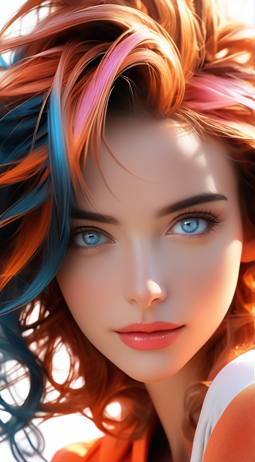 The task is asking to annotate the image by describing its content using natural language. To complete this task, one should identify and describe the objects and features within the image. In this case, the object is a stylized female character with distinctive features such as colorful hair and blue eyes. The description should focus on these elements without delving into subjective or aesthetic interpretations. It's important to maintain an objective tone and stick to what is visible in the image. For example, one could say: "The image depicts a stylized female character with vibrant, multicolored hair that transitions from white to pink and orange. She has striking blue eyes and her expression is neutral yet engaging. The background is minimalistic, allowing the focus to remain on her features."nijistyle