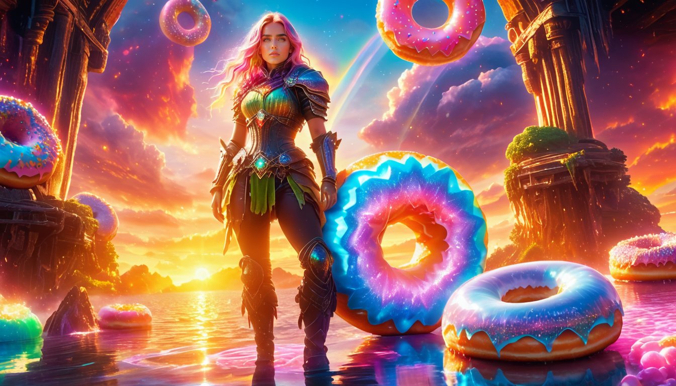 Cinematic still of a beautiful sexy woman  with rainbow-colored hair and a beard, wearing a suit of glowing bubble wrap armor in the style of the Warcraft movie, standing on a floating island made of giant donuts at sunset, symmetrical composition, in the style of James Cameron, Photorealistic movie