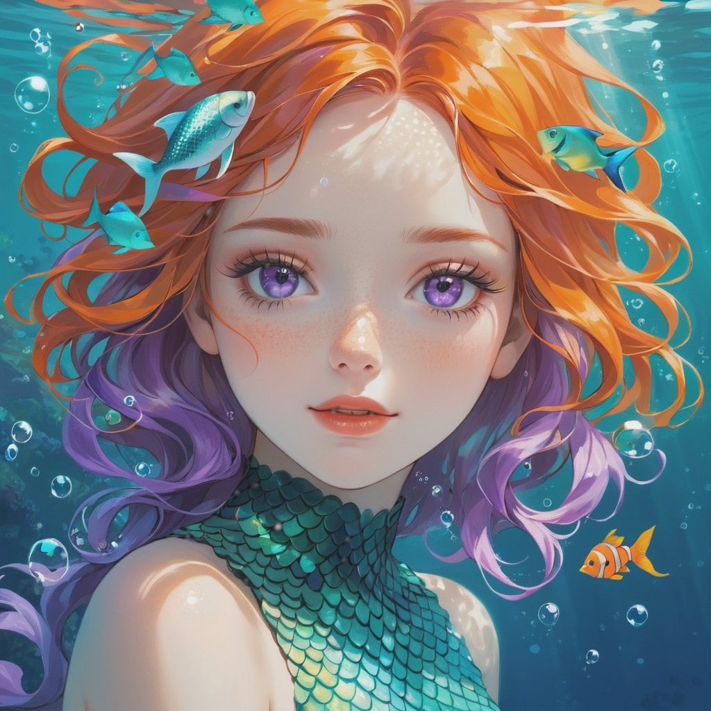 Frontal portrait of a whimsical and colorful woman resembling a mermaid or siren. Fair complexion, youthful features, wide open eyes, and delicate freckles on nose and cheeks. Vibrant, gravity-defying hair in shades of purple, blue, orange, and teal. Hair transitions into tendrils or aquatic flora, creating an underwater illusion. Small bubbles floating around the head add to the underwater theme. Attire or visible body part resembles teal and green fish scales with vibrant colors. Overall effect: Serene and otherworldly underwater creature in quiet contemplation.