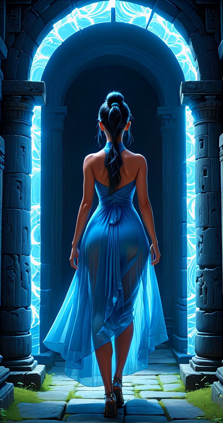 Back view woman in blue transparent dress walking into mysterious glowing portal in wall of ancient temple, dark hair in ponytail, Portal Picture Collection, Espen Olsen fantasy, intricate, hyperrealistic, 4K 3D Unreal Engine, VRay, Hajime Sorayama Simon Stålenhag