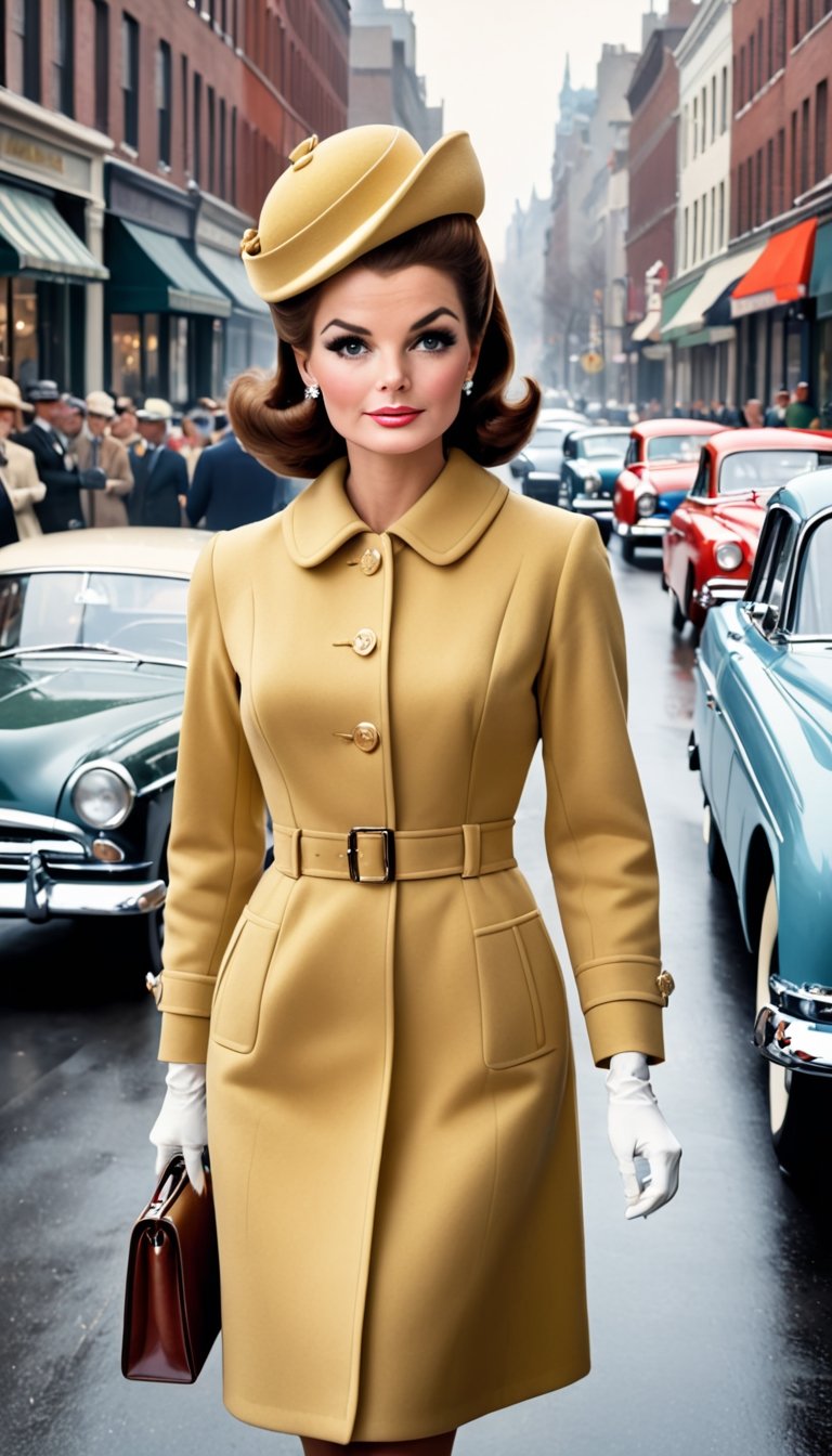 A detailed 60's era image of a perfect medium-busted woman wearing a stylish Jackie Kennedy-inspired pillbox hat, gloves and an A-line coat, walking down a bustling city street with classic cars and antique shop windows, Taken with a mirrorless camera using a standard lens.