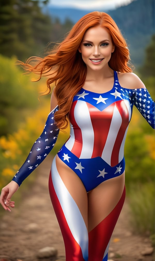 (((Ultra detailed, beautiful face, Megapixel))) A vivacious and patriotic young woman, with ((fiery, shoulder-length red hair)), exudes enthusiasm and energy as she traverses on her hands and feet, celebrating the USA with every move. Her eyes, a warm and inviting shade of ((hazel)), mirror the colors of autumn leaves. Her athletic and toned body, adorned with vibrant face paint resembling the USA flag, showcases her dedication to the country she loves. Dressed in a dynamic bodysuit, the fabric features an artistic rendition of the USA flag in a mosaic style, with intricate details and patterns that pay homage to the nation's history and culture. The bodysuit's flexible material allows her to move with ease and grace as she walks on her hands and feet. On her hands, she wears red, white, and blue wristbands, while her feet are adorned with matching anklets, symbolizing her unwavering commitment to the USA. In the background, the majestic landscapes of the United States create a breathtaking scene, capturing the essence of the country's beauty and diversity.,woman