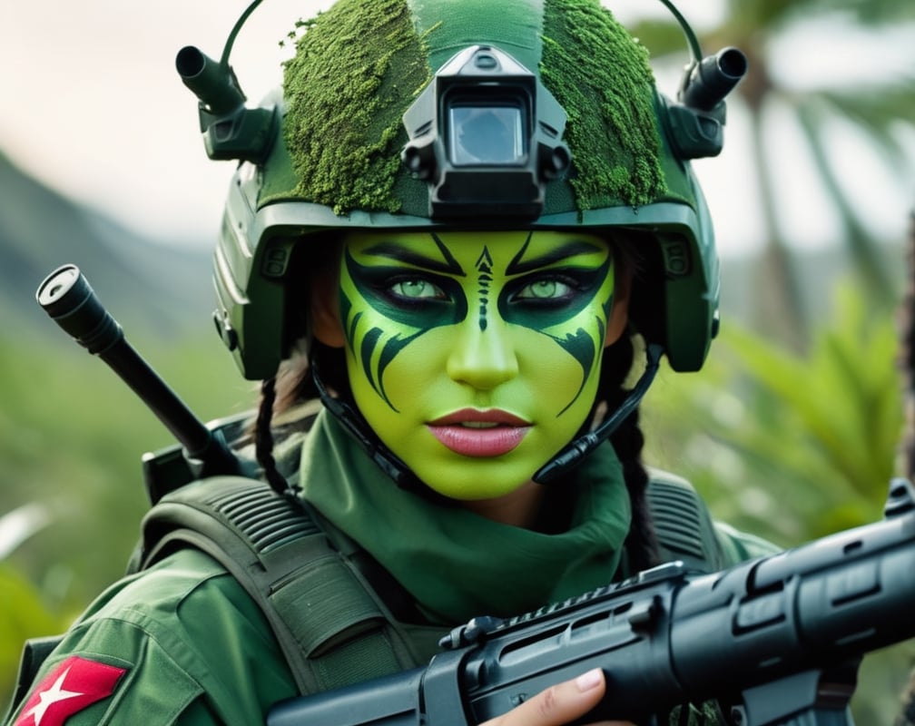 close up, Petty officer war girl wearing green war paint with weapon drawn, moving through the bush in an alien planet. High resolution close up