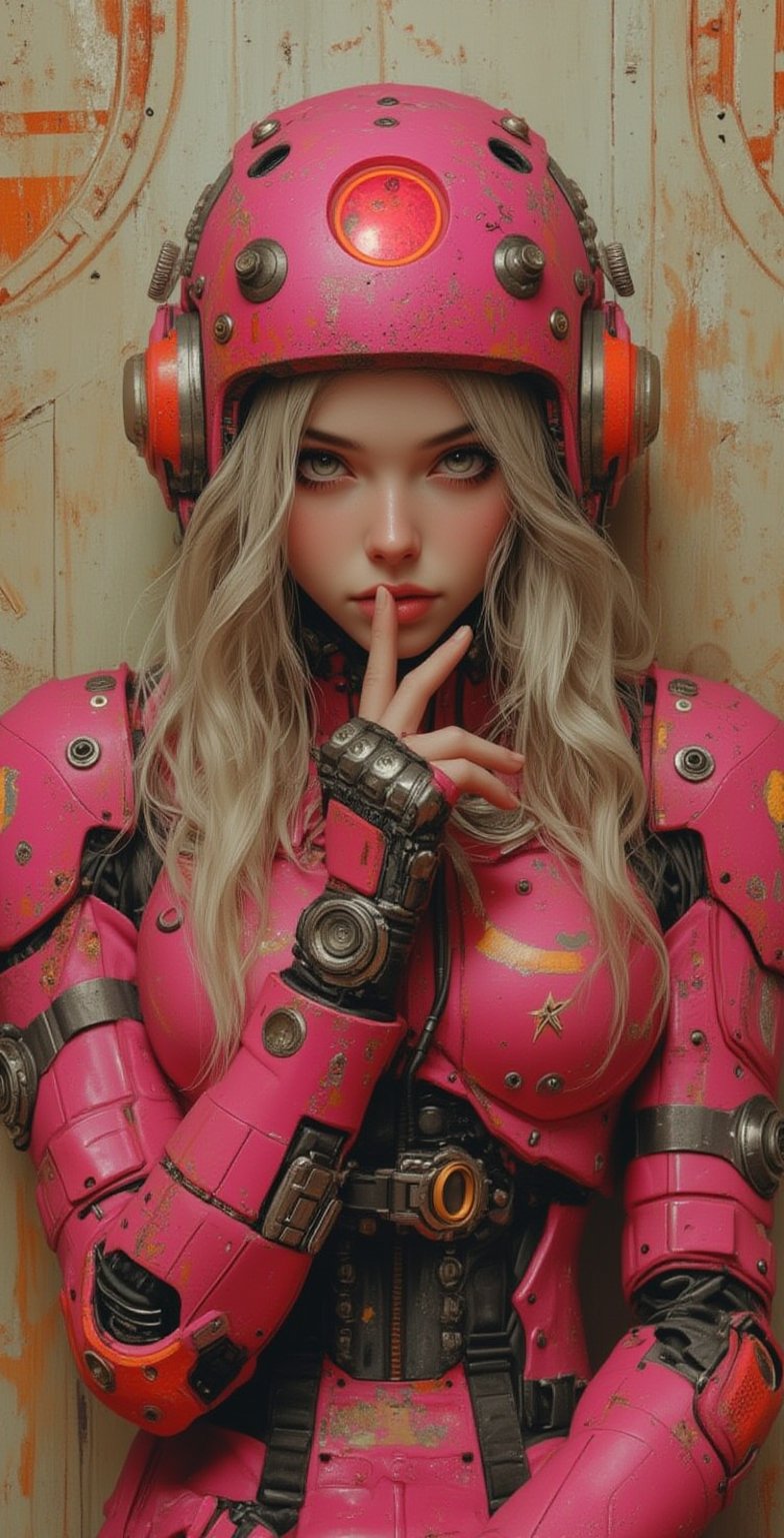 A front view, realistic digital artwork depicts a cybernetic beautiful woman character .she has long platinum hair, framing her face and blending with the mechanical elements .Holding finger to lips, shush, shushing motion ,detailed eyes, she is looking to camera, The character wears a vibrant pink and neon red glow cybernetic armor suit with intricate mechanical components, The armor covers her upper body, featuring a mix of mechanical elements. Her head is fitted with a matching helmet that has a large circular neon red glow , integrated communication devices ,Black wires and cables extend from the helmet, connecting to various parts of the armor, Her expression is serene , suggesting a state of rest. The character's pose is relaxed, sitting against a worn wall painted in burnt orange and cream colors, The background features symbol floral on a beige wall with circuit-like patterns, rust marks, scratches, and dark spots, adding to the industrial aesthetic. The lighting is soft and diffused, creating gentle shadows and highlights that enhance the textures of the metallic surfaces. The color palette consists of red, pink, gray, orange, and rust red, neon red, with high saturation and moderate contrast, contributing to the cyberpunk aesthetic and creating a balanced, harmonious visual effect ,ultra-high quality, photorealistic,illustr3alFlux,ILLUSTRANIME,REALNIME