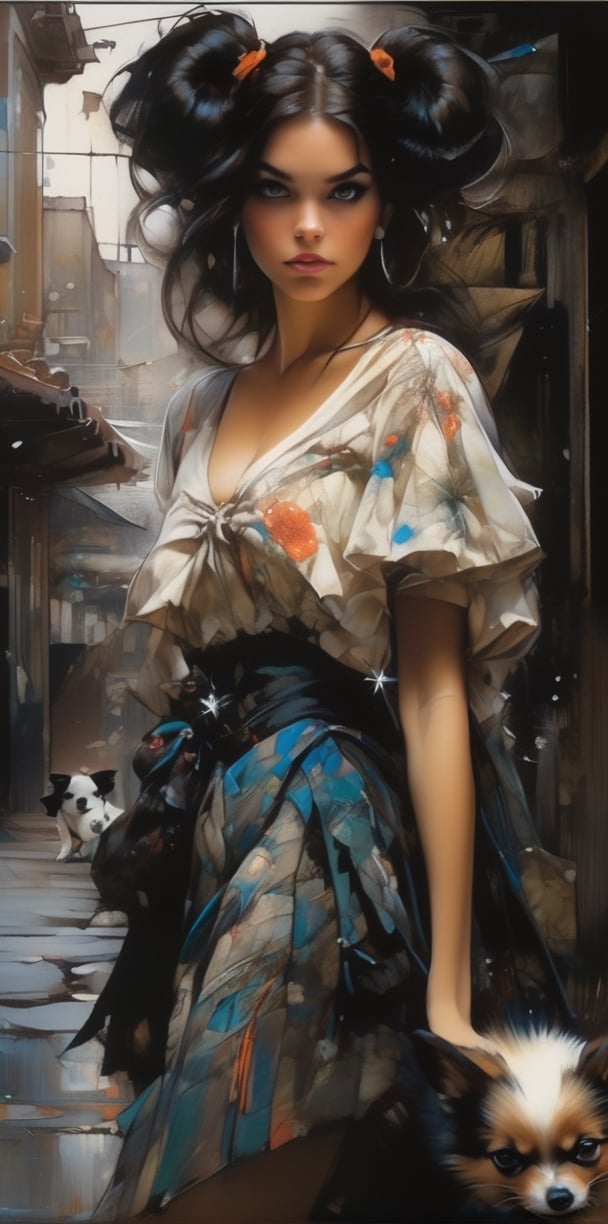 Snow White, radiant and symmetrical, walks her dog on an urban street, long hair styled in thick flowing pigtails, clad in contemporary attire, pencil sketch transformed into intricate, vibrant, full-body portrait, capturing the essence of Jean Baptiste Monge's whimsy, Carne Griffiths' fluidity, Michael Garmash's romanticism, elevated to the trendsetting digital artistry of Artgerm, and the eerie atmosphere reminiscent of H. R. Giger and
, cinematic moviemaker style