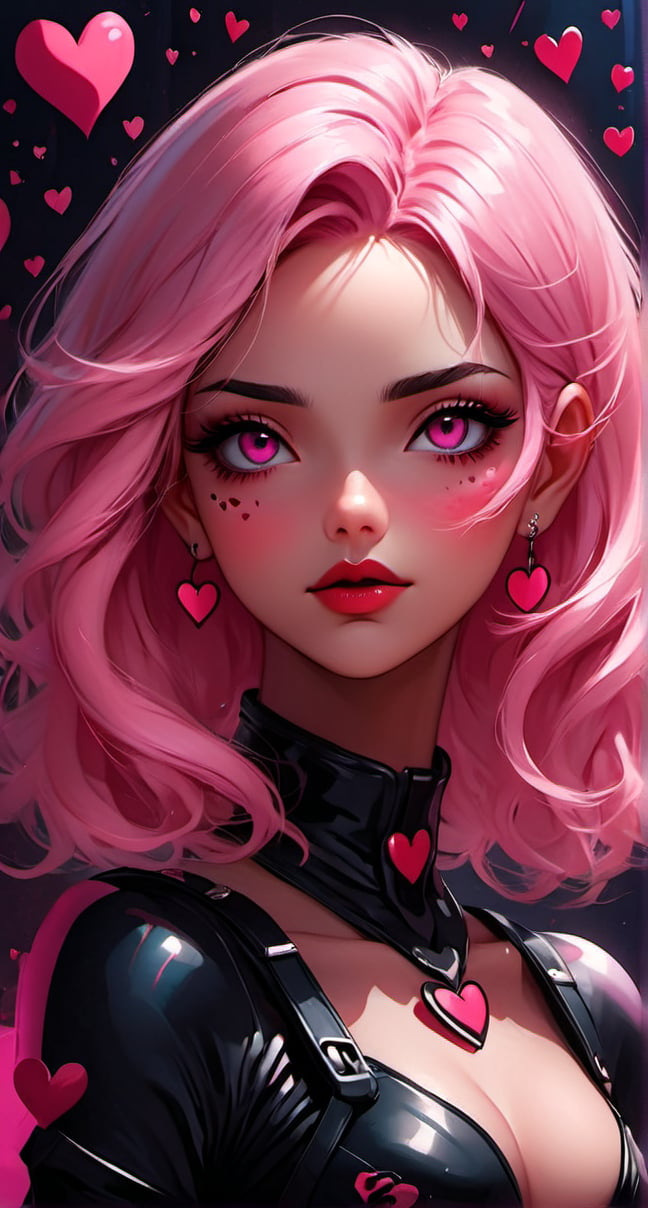 The image provided is a digital illustration of a female character. The character's features are exaggerated and stylized, with prominent pink hair, dark eye makeup, and a contemplative expression. She wears a bodysuit adorned with hearts and the number 9, which could suggest a theme or identity related to the character. The colors used in the illustration are muted yet vibrant, with the pink elements standing out against the softer background. There is no additional context provided within the image itself.