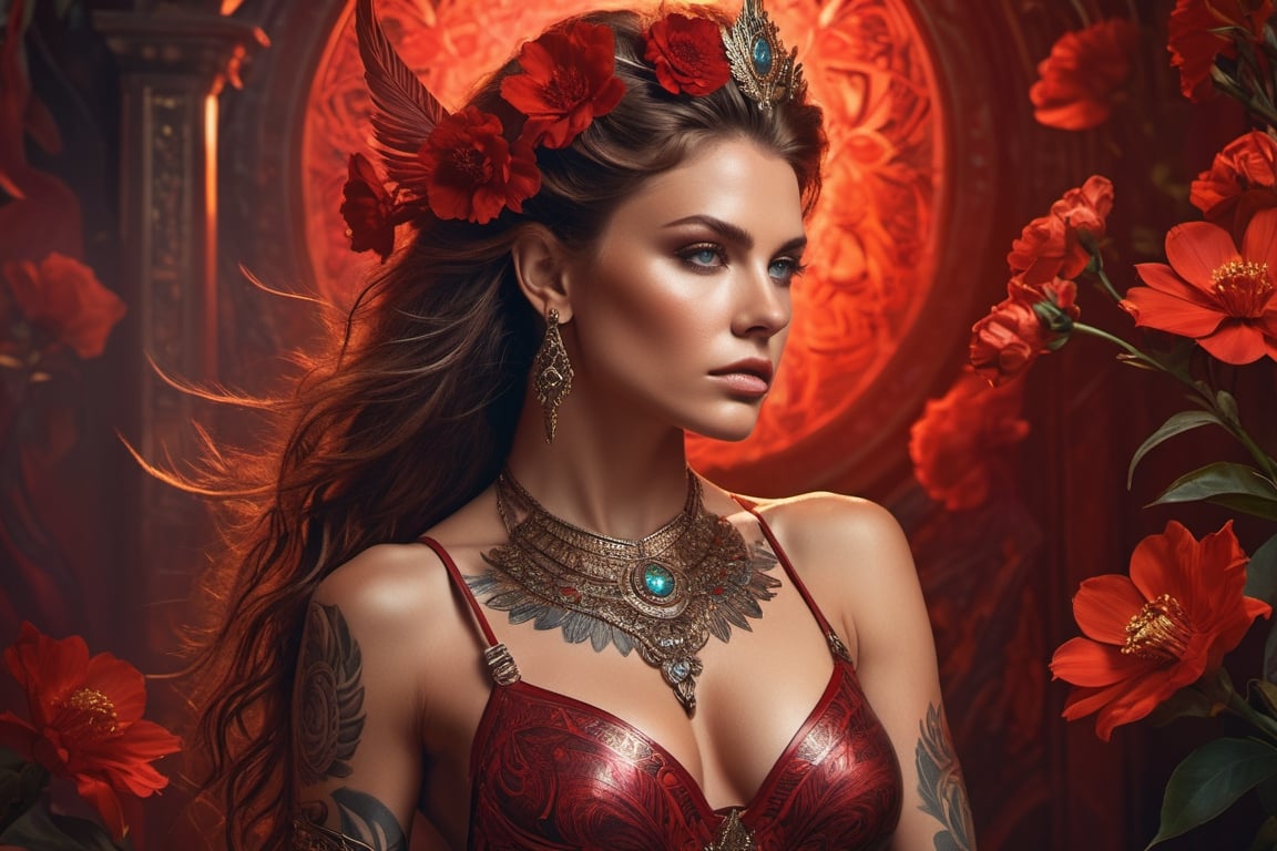 "beautiful muscular warrior Queen ready for sexual conquest \". Minimal Clothing. hyperdetailed tribal tattoos Maximalist portrait , Maximalist flower Background by Mucha, hyperdetailed incredible composition, amazing depth, imposing, meticulously composed, 16k resolution \"Hyperrealistic, splash art , concept art , mid shot, intricately detailed, color depth, dramatic, 2/3 face angle, side light, subdued background. \"Epic cinematic hyper-realistic brilliant stunning intricate meticulously detailed dramatic Red atmospheric maximalist digital matte painting, Photographed by Holly Randell. full- body detailed portrait of a young beautiful woman :: minimal clothing :: without clothing
