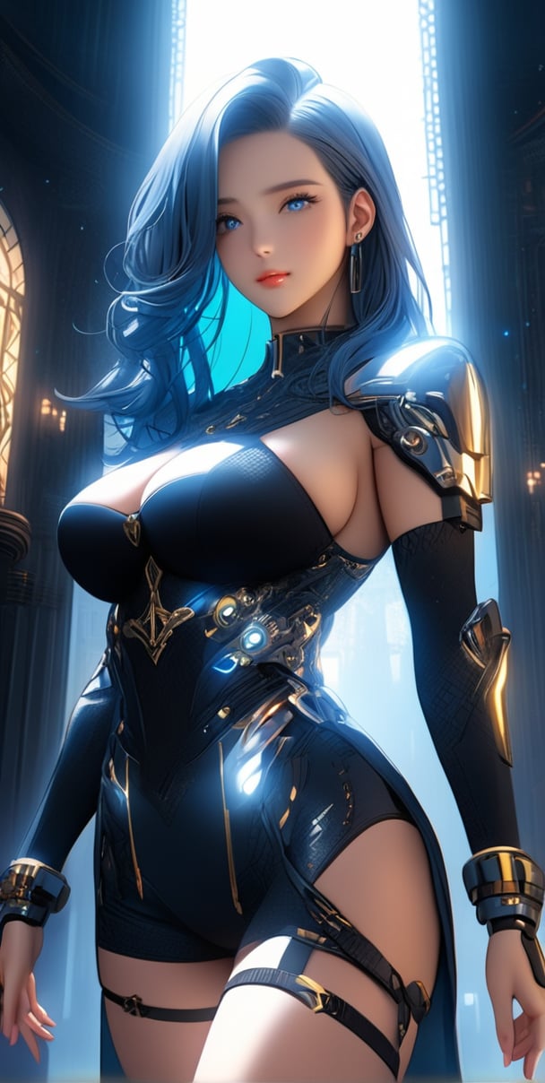 (FHD), Full HD, 16K, (Masterpiece), (character),(Anime character), Ultra detailed,cyborg,cyberpunk,highly detailed, golden filigree, intricate motif, sunlight, blushing, loving gaze, light blue, full body pose, ultra detailed posture, fantasy, fantasy environment, score_9, score_8_up, score_7_up, score_6_up, (masterpiece, best quality, ultra-detailed), anatomically correct,  dark blue long hair,blue eyes, female, front view, chrome armour, solo, big breast, indoors, dark clound palace,at night, foggy atmosphere, dark atmosphere, (thigh straps),silver legend blade,silver power orra, , CMYK colors, backlighting, misty light, highly detailed, grandeur and awe, cinematic, stunning visual masterpiece, double exposure, best quality, 32k, yly.png
  