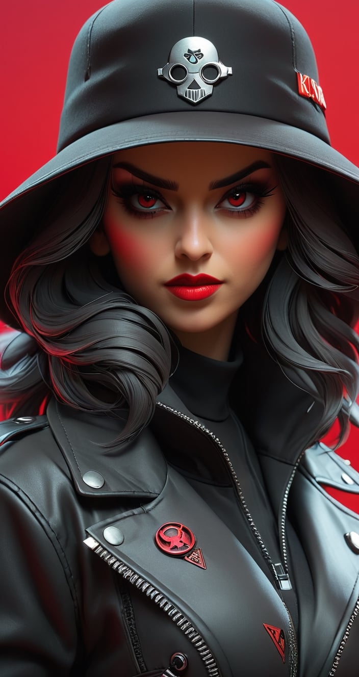 a close up of a person wearing a hat and a jacket, with red haze, villainess, cyberpunk vibes, dark natasha, on a red background, has cyberpunk style, cyberpunk 2077”, she wear red eyed gasmask, cyberpunk 2049, cyberpunk 2 0 4 9, cyberpunk girl, cyberpunk femme fatale, style of cyberpunk