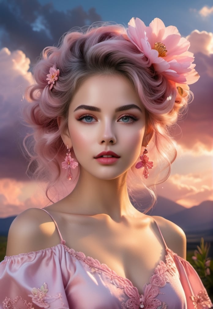 a woman in a pink dress with a flower in her hair, sunset and big clouds behind her, pink cloud hair, detailed art in color, glowing porcelain skin. light open eyes.
