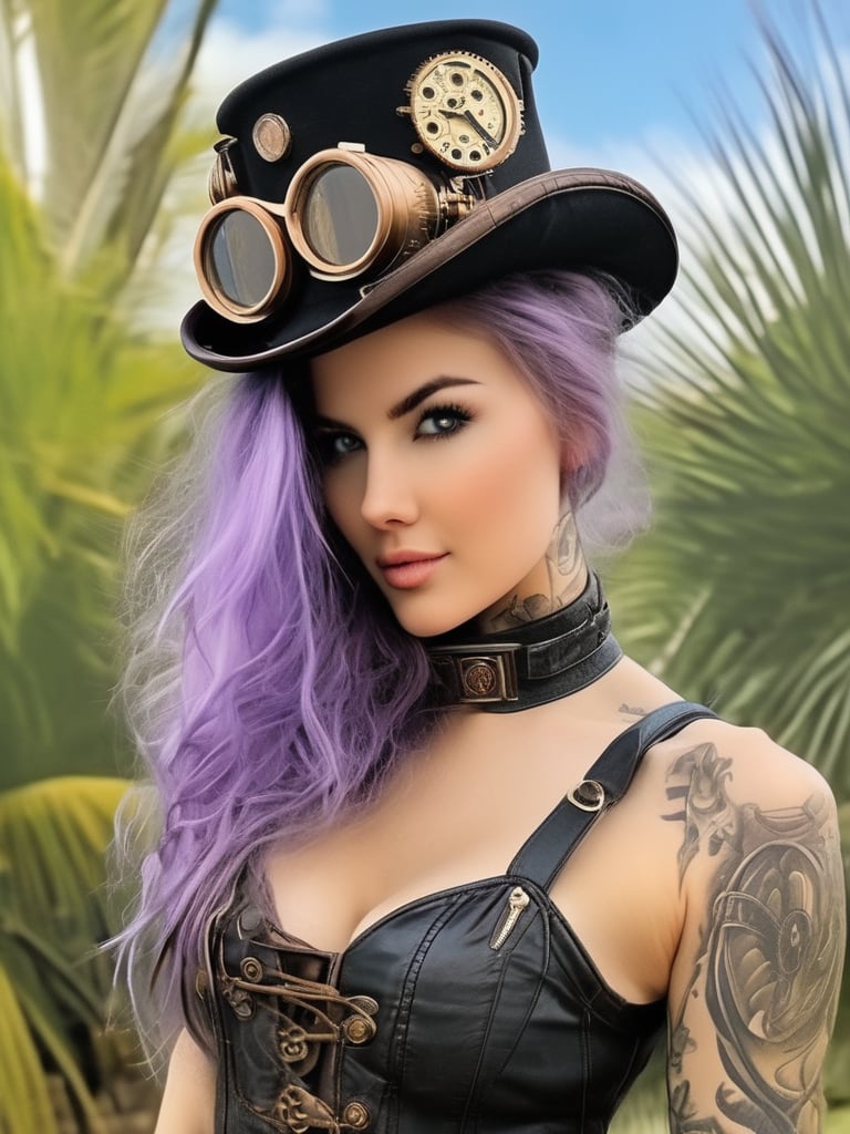 (((A stunning sexy woman in steampunk))) Beneath the swaying palms, the essence of steampunk reimagines itself through her captivating ensemble. From the detailed goggles atop her leather-bound hat to the intricate tattoos that whisper tales of mechanical dreams, every element enchants. Her piercing gaze, a vivid contrast to the soft hues of her lavender locks, invites us into a world where past and future converge. How will your daydreams blend with the innovative spirit of steampunk today? 